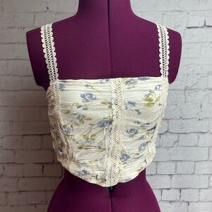 Full tilt size small cropped tank top ruched cream with blue floral print